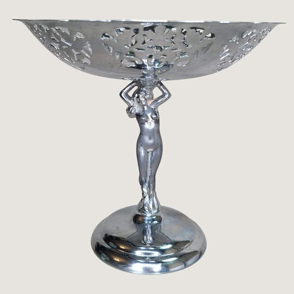 Vintage Farber Bros Krome-Kraft Art Deco Nude Lady Pierced Chrome Compote Bowl